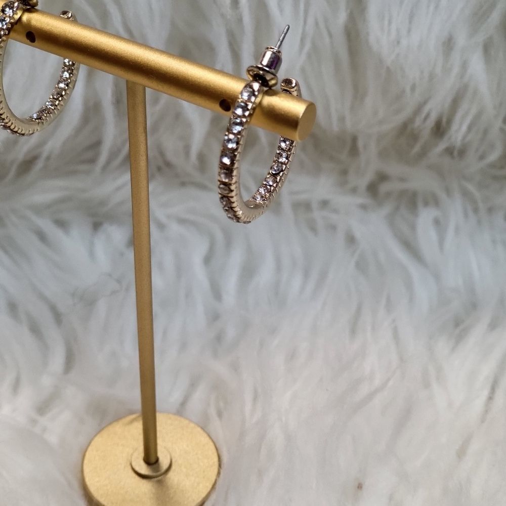 Gold Hoop Post Earrings Rhinestone - Picture 2 of 2
